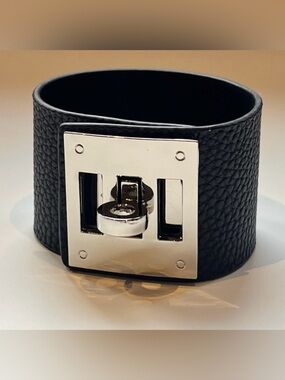 Kelly Buckle Inspired Black and Silver Wide Cuff Bracelet Elegant Contemporary